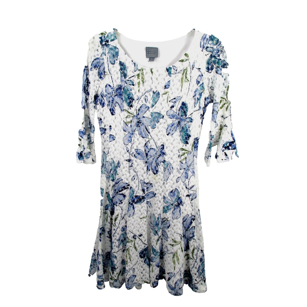 Rabbit Rabbit Rabbit Designs Floral Lace Midi Fit Flare Dress White Blue 6